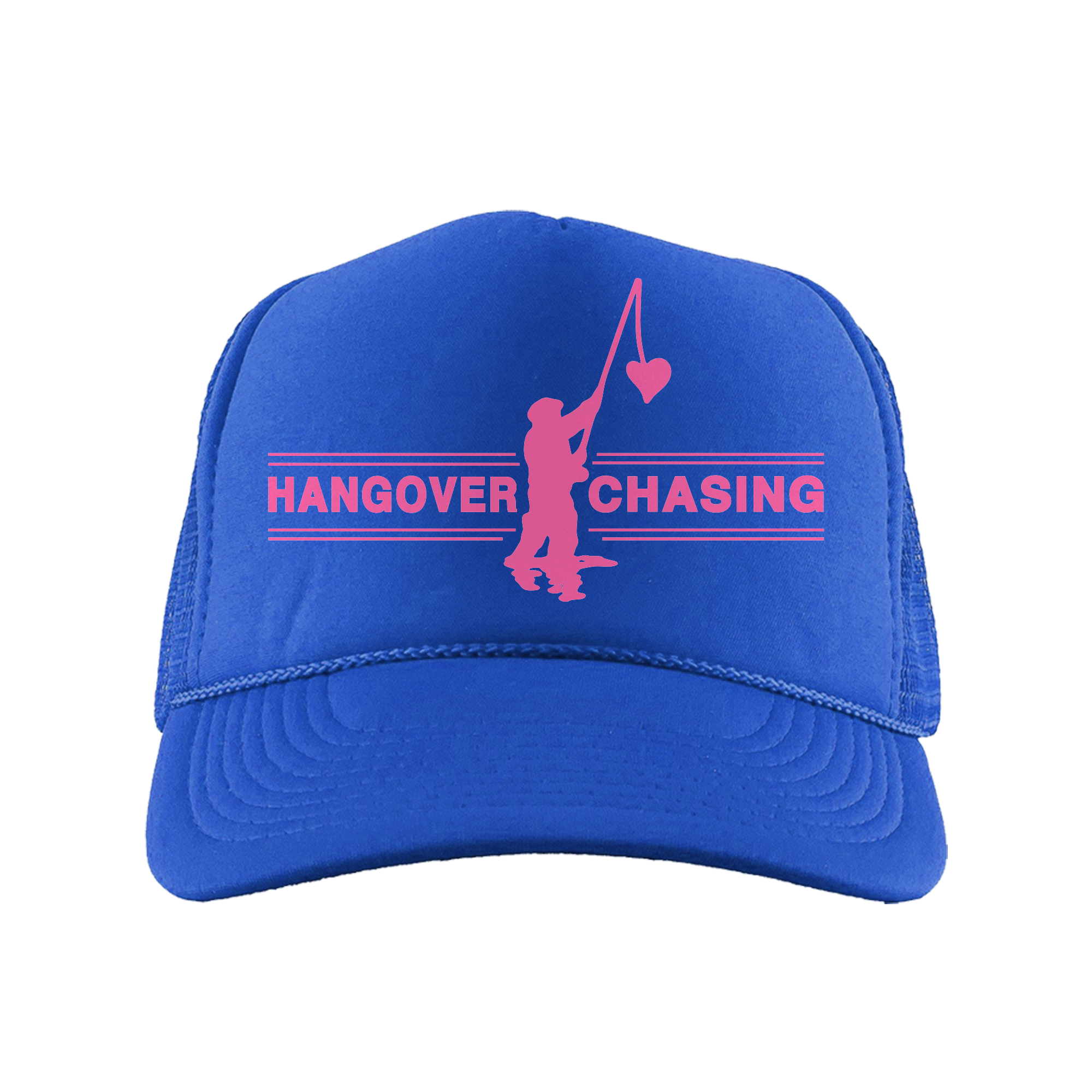 Blue cap with pink 'Hangover Chasing' text 