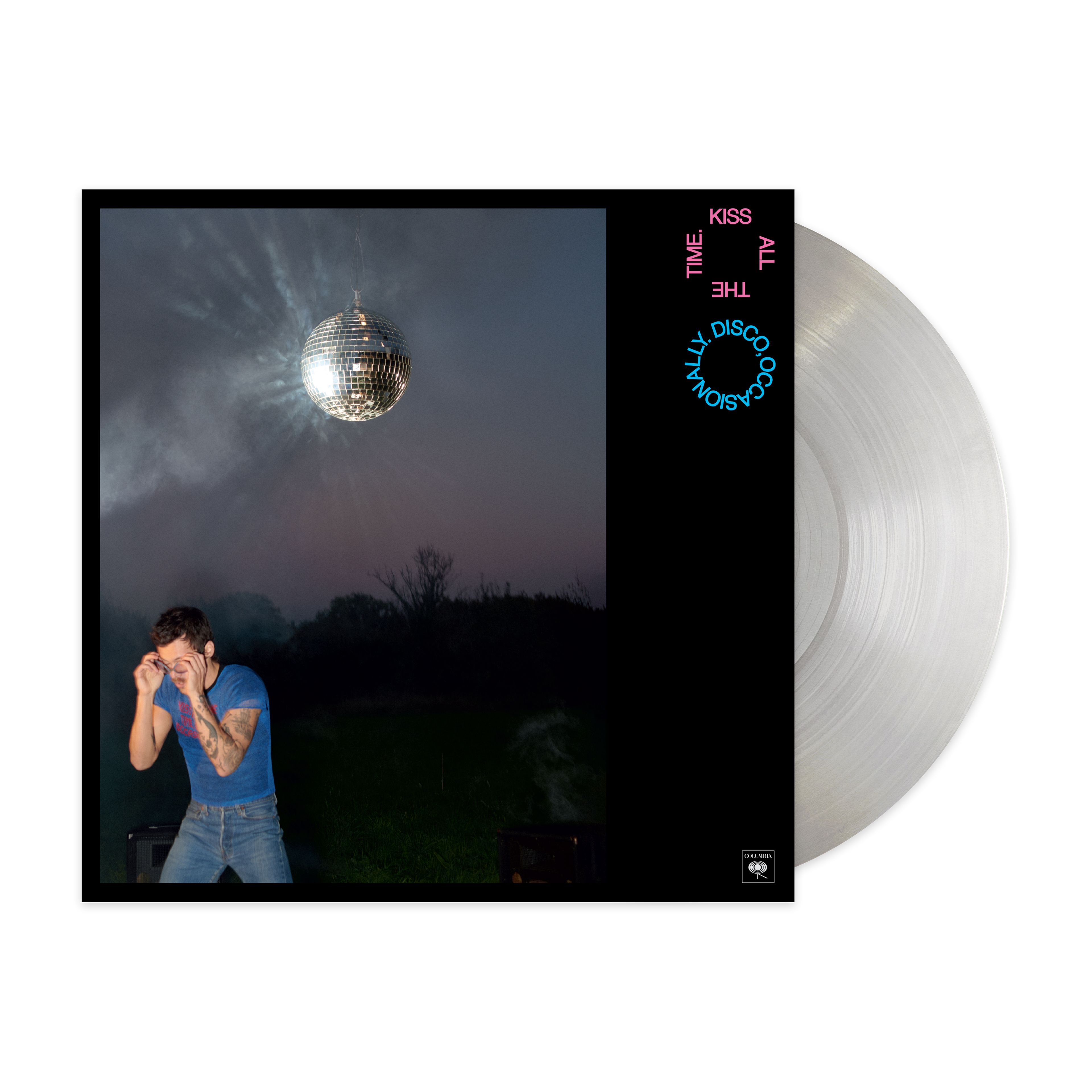 Harry Styles - KISS ALL THE TIME. DISCO, OCCASIONALLY. Front view of limited edition grey/white smoke machine vinyl LP.
