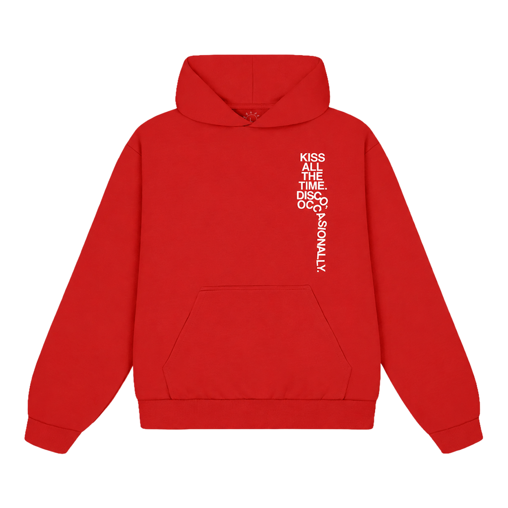 Red hoodie with white text printed across the front reading “Kiss All the Time, Disco Occasionally.”